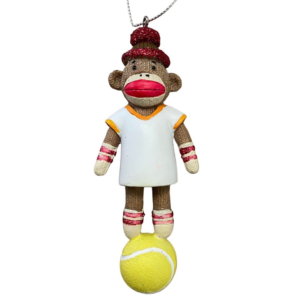 Midwest Sock Monkey Tennis Player on Ball Christmas Ornament Multicolor 4.5 in
